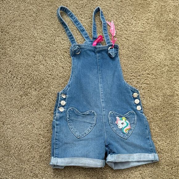 Cutie Patootie Girls Unicorn Denim Shortalls – Size 7, Heart Pockets - Picture 2 of 8